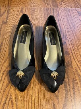 Vintage Black Heels Bow Gold Coquette Old Money Preppy 6.5 Ballet Lolita Nice!